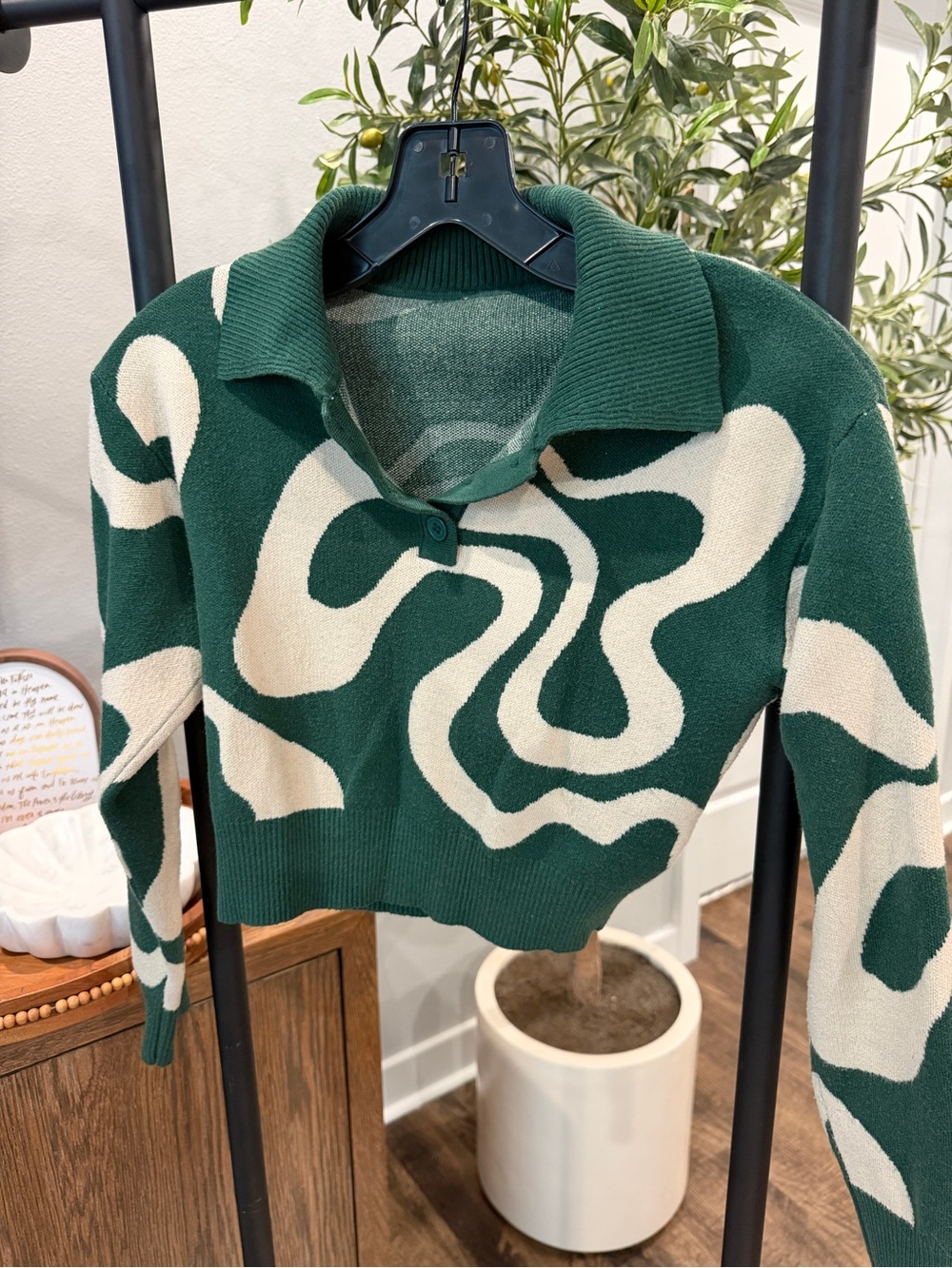 Cider Green and Cream Swirl Collared V-Neck Sweater